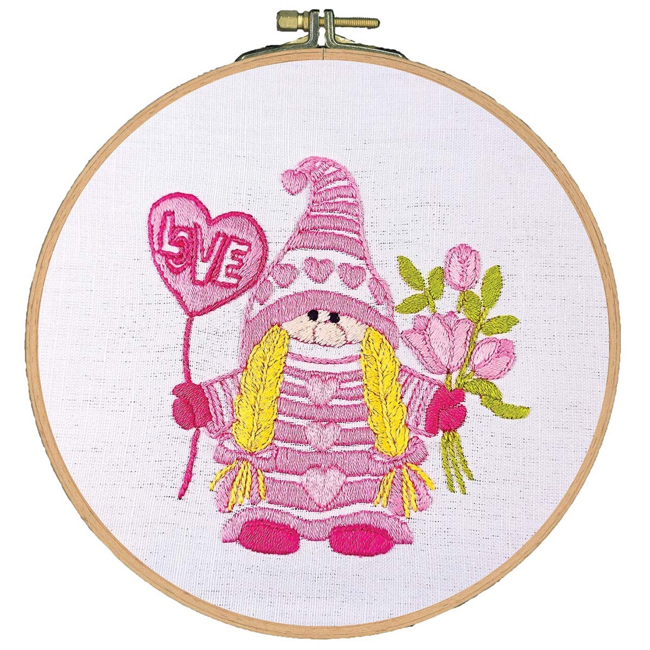 Craftways Pink Gnome Love Balloon Hoop Stamped Embroidery Kit